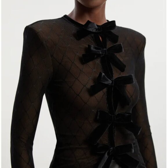 Mesh With Velvet Bow Trim Detail Crew Neck Long Sleeve Top size Small - Picture 2 of 4